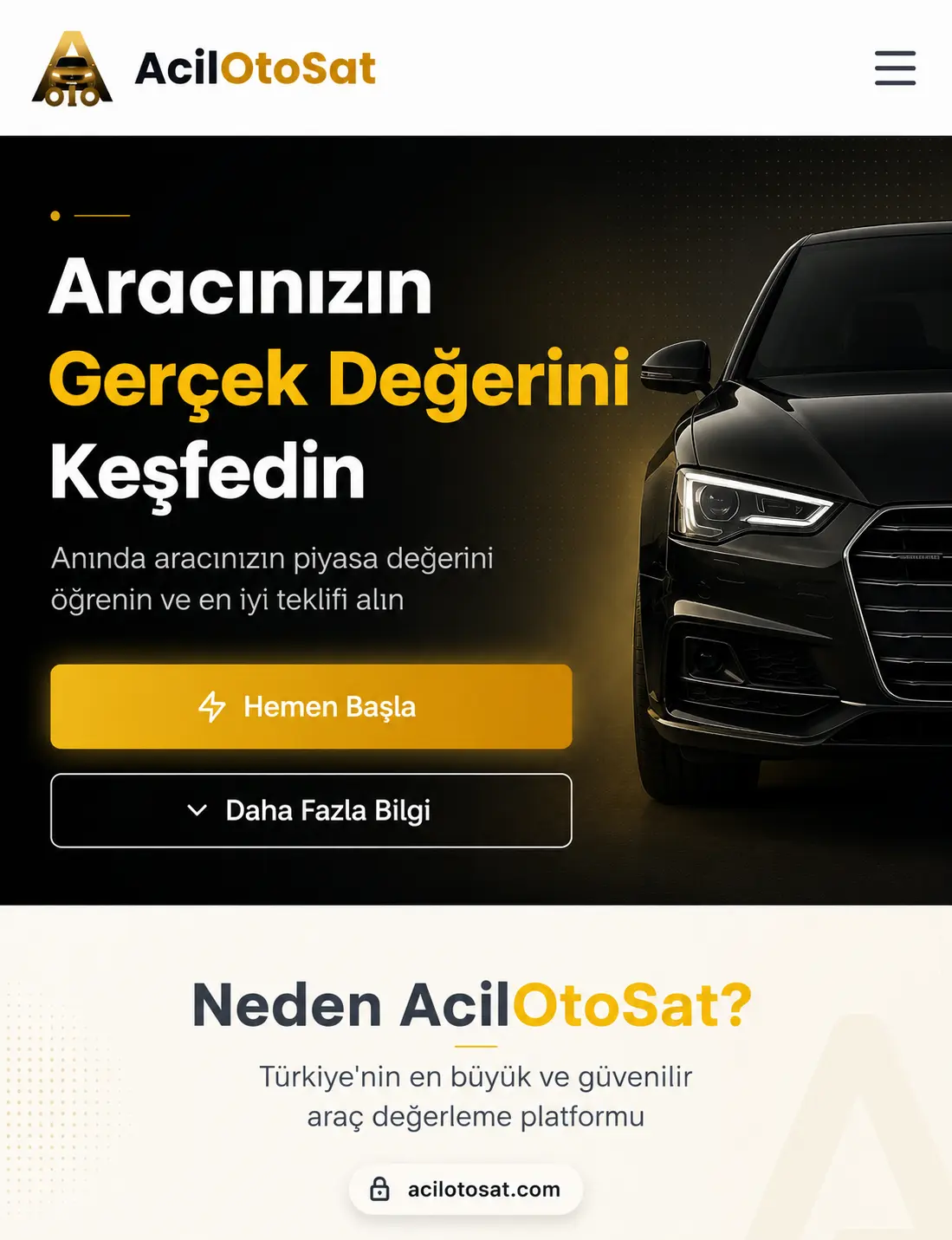 Doğrudan araç değerleme teklifini gösteren Acil Oto Sat web sitesi
