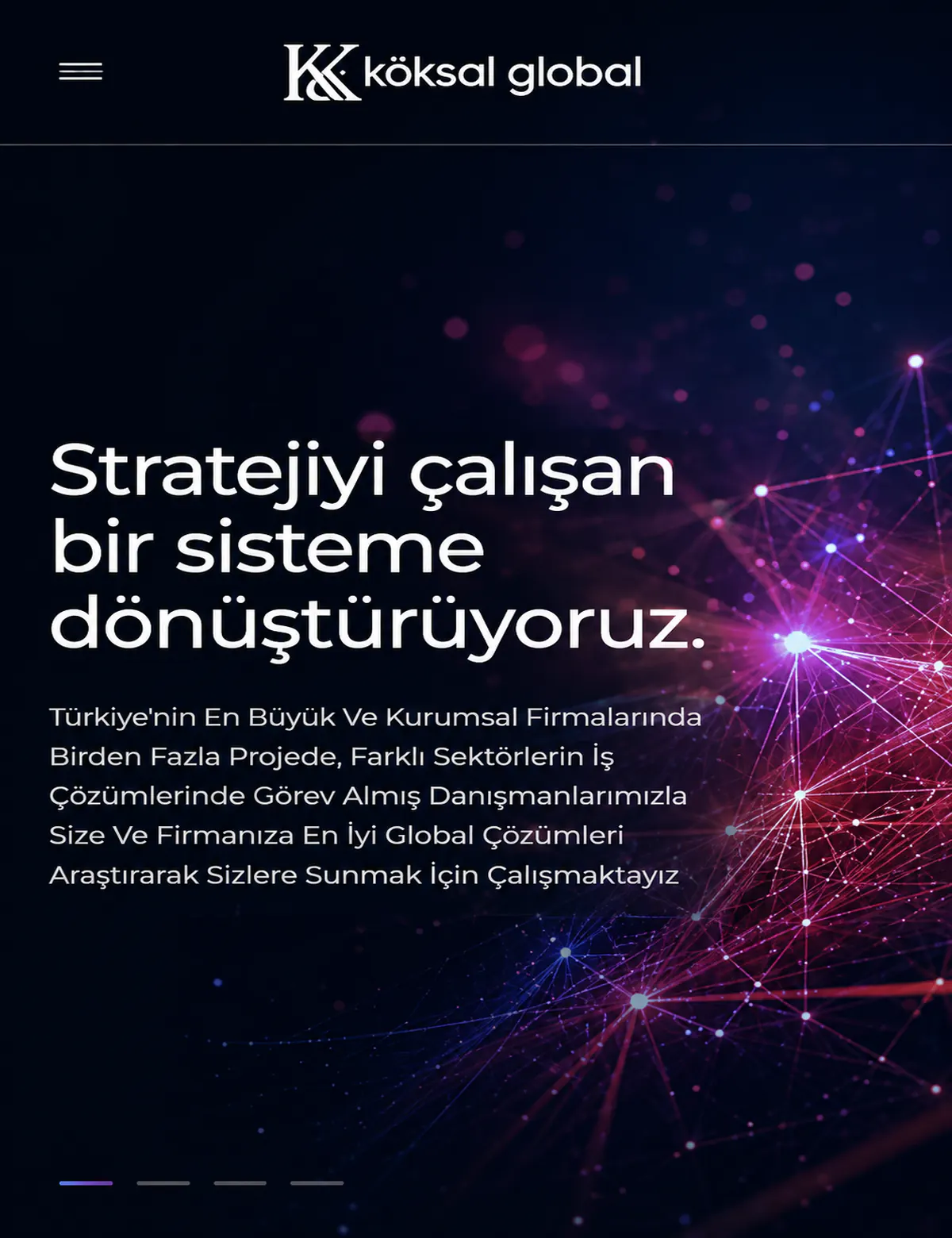 Uzmanlık ve hizmet alanlarını net, profesyonel bir hiyerarşiyle sunan Koksal Global danışmanlık sitesi